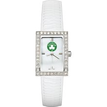 Ladies Boston Celtics Watch with White Leather Strap and CZ Accents