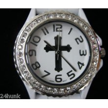 Ladies Geneva Watch- Gemstone Bezel - Cross Dial