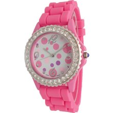 Ladies Hot Pink Silicon Watch w/ Multi Polka Dot Print & Crystals Silver Bezel - Silver - Sterling Silver - 3
