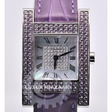 Ladies Ice Cube Watch Rectangle Purple (WG-Sapphires / Mop-Diamonds / Satin-Leather Strap)