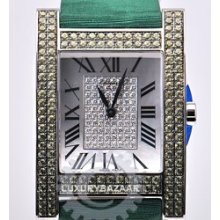 Ladies Ice Cube Watch Rectangle (WG-Sapphires / Diamonds / Satin-Leather Strap)