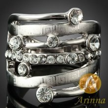 Ladies Jewel Rhinestone Geometric Pattern Finger Ring 18k White Gold Gp Jewelry
