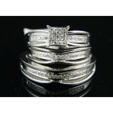 Ladies + Mens Wedding Band Engagement Diamond Trio Set