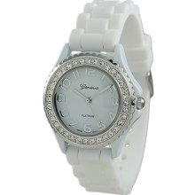 Ladies Mens White Silicone Watch w/ Crystals on Silver Bezel - Silver - Silver - One Size