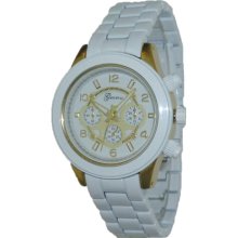 Ladies Mens Yellow Gold Fin & White Ceramic w/ Chronograph Look Metal Watch Kors - White - Gold - 3