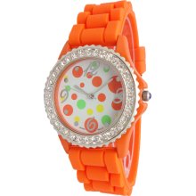 Ladies Orange Silicon Watch w/ Multi Polka Dot Print & Crystals on Silver Bezel - Silver - Sterling Silver - One Size
