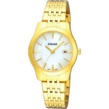 Ladies Pulsar By Seiko Quartz Ph7232 Date Mop Dial Gold Steel Watch