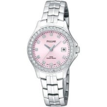 Ladies Pulsar By Seiko Quartz Ph7225 Date Pink Dial Stainless Watch
