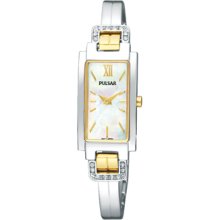 Ladies Pulsar Two Tone Stainless Steel Crystal Mother of Pearl Dial Watch