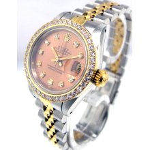 Ladies Rolex 18k Gold Steel Datejust Salmon Diamond Dial Diamond Bezel