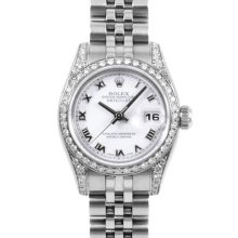 Ladies Rolex Datejust Ss Watch Roman Dial Diamond Bezel Lugs Jubilee Band 179174