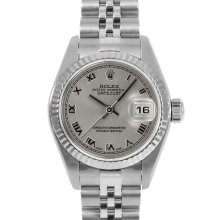 Ladies Rolex Datejust Ss Silver Roman Dial Fluted Bezel Jubilee Band