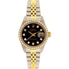 Ladies Rolex Datejust Watch with Black Diamond Dial 69173