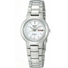 Ladies Seiko 5 Stainless Steel Automatic Dress Watch W/ White Dial