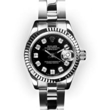 Ladies Stainless Steel Oyster Black Dial Fluted Bezel Rolex Datejust