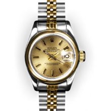 Ladies Two Tone Champagne Stick Dial Smooth Bezel Rolex Datejust