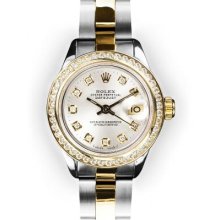 Ladies TwoTone Oyster Silver Dial Gold Channel Set Rolex Datejust