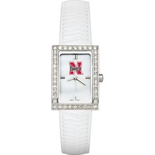 Ladies University Of Nebraska Watch with White Leather Strap and CZ Accents