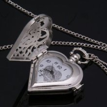 Ladies Vintage Silver Heart Shape Steampunk Quartz Necklace Watch /chain