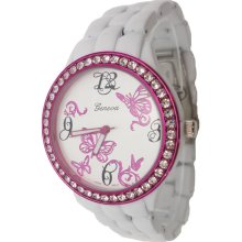 Ladies White Ceramic Like Watch w/ Hot Pink Metallic Bezel & Butterfly Design