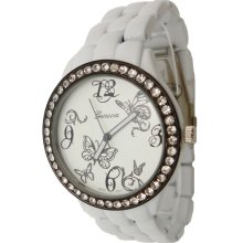 Ladies White Ceramic Like Watch w/ Bronze Metallic Bezel & Butterfly Design
