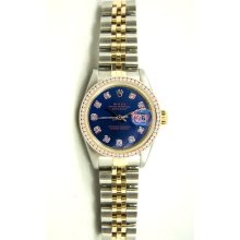 Ladys Stainless Steel & Gold Datejust Model 6917 Jubilee Band Custom Added Blue Diamond Dial And Diamond Bezel
