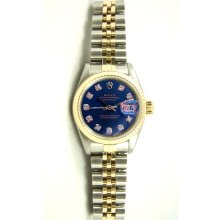 Ladys Stainless Steel & Gold Datejust Model 6917 Jubilee Band Fluted Bezel Custom Added Blue Diamond Dial
