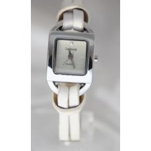 Lavenda Woman's Silver Tone Case White Leather Strap Watch
