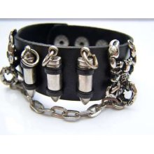 Leather Wristband Bullets Scorpions Chains Cuff Black