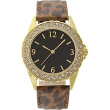 Leopard Polyurethane Strap Gold Round Case Black Dial Watch With