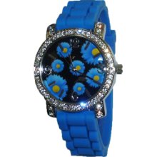 Limited Edition Ladies Multi Colored Daisy Silicon Watch w/ Royal Blue Band