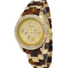Limited Edition Tortoise & Gold Watch w/ Chronograph Look & Crystals on Bezel