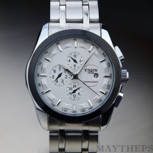 Luxury Mens Black White Dial Steel Date Analog Quartz Bracelet Wrist Watch