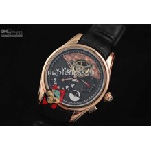 Luxury Mens Minerva 18k Rose Gold Black Dial Automatic Leather Mens