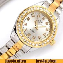 Luxury Silver Golden Steel Girls Womens Quartz Crystal Watch Battery Include