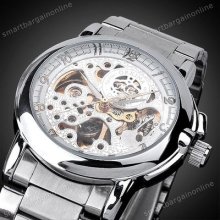 Men Boy Skeleton Mechanical Classic Analog Stainless Steel Band Watch +gift Box