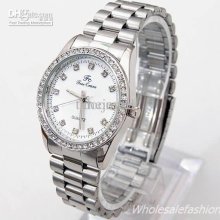 Men Lady Crystal Embed Quartz Stainless Steel Watch Silver-tone Dial