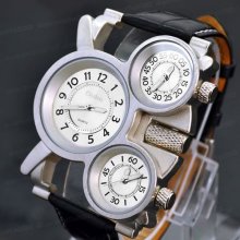 Men Three Time Zone Wrist Watch Quartz Hours Analog Black Leather Wristband