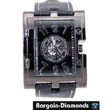 Mens Big Gunmetal Tank Watch Designer-style Black Dial Black Strap