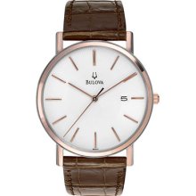 Mens Bulova Dress Duets Watch in Rose Gold Tone Stainless Steel with Brown Leather Strap (98H51)
