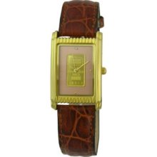 Men's Gold-tone Rectangular Case Brown Leather Strap Watch