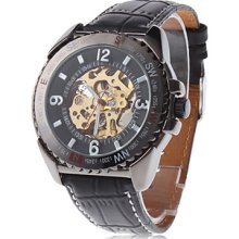 Men's Hollow Engraving Style Analog PU Mechanical Wrist Watch (Black)
