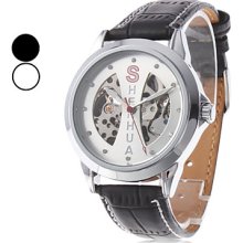 Men's Hollow Engraving Style Analog PU Mechanical Wrist Watch (Assorted Colors)