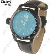 mens new Oulm stainless steel military watch w/ black face & blue tinted glass