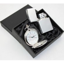 Mens Quartz Pocket Watch & Petrol Lighter Wedding Gift Birthday Gift