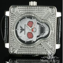 Mens Skeleton Face Real Diamond Square Ice Maxx Custom Joe Rodeo Leather Watch