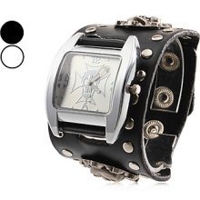 Men's Skull Style Leather Quartz Analog Wrist Watch (Black)