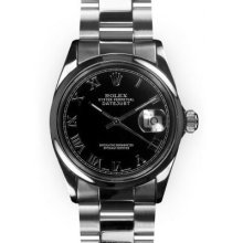 Mens Stainless Steel Oyster Black Dial Smooth Bezel Rolex Datejust