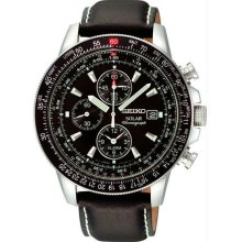 Men's Stainless Steel Solar Flight Quartz Alarm Chronograph Black Dial Genuine L