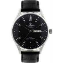 Men's Toledo Stainless Steel Case Black Dial Leather Strap Day and Date